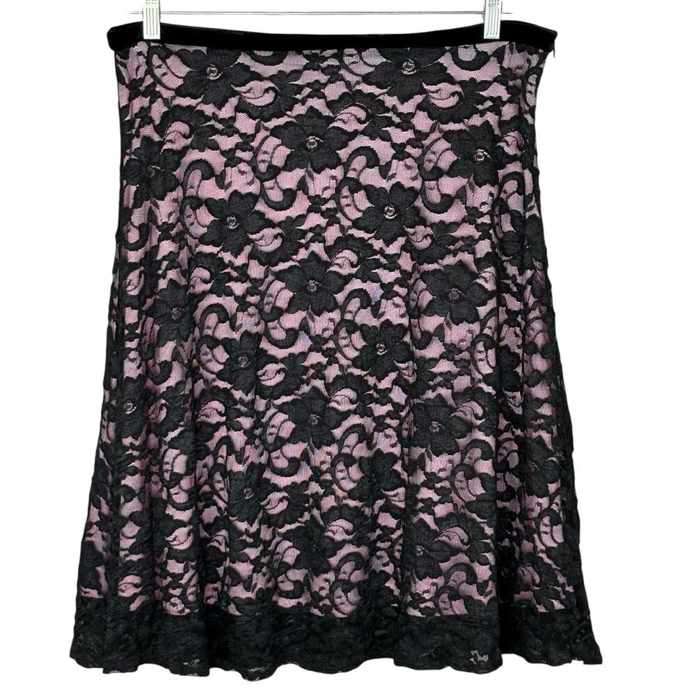 Vtg 90s Midi Skirt Lace Overlay Whimsigoth Fairy Pastel Goth Black Pink Size 16
